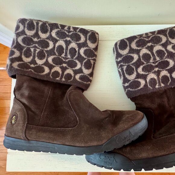 Vintage Coach Tatum Brown Suede Logo Knit Legwarmer Reversible Boots | Sz 8.5 M - Picture 9 of 10